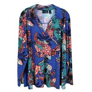 Attitudes By Renee Womens XL Blouse Stretchy Knit Tunic Pockets Tropical Floral